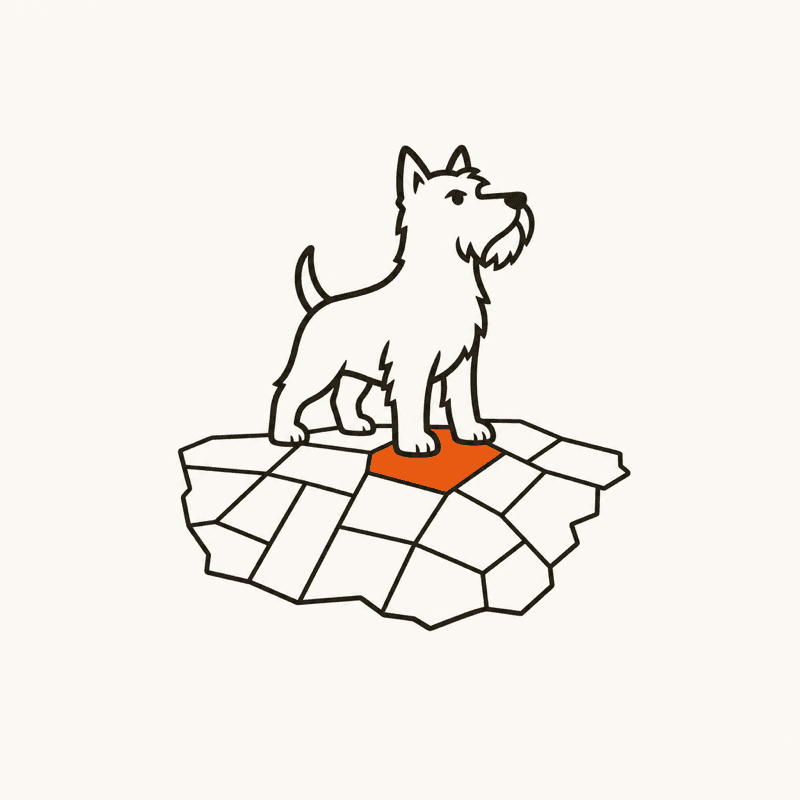 A monoline terrier standing on a plat map of parcels, one parcel claimed in orange